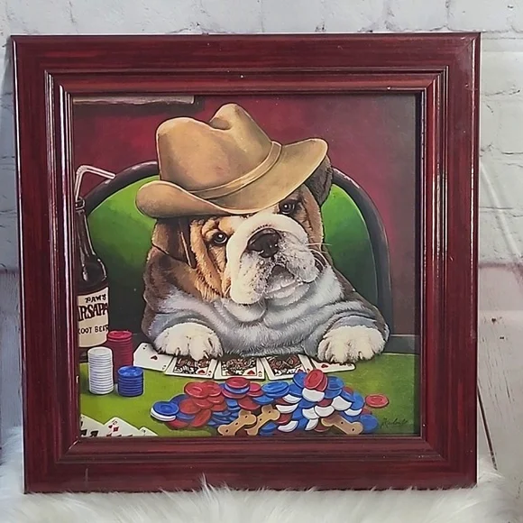 Mahogany Framed Glass English Bull Dog Pup Puppy Poker Gambling Vegas Cowboy Art - Picture 4 of 16